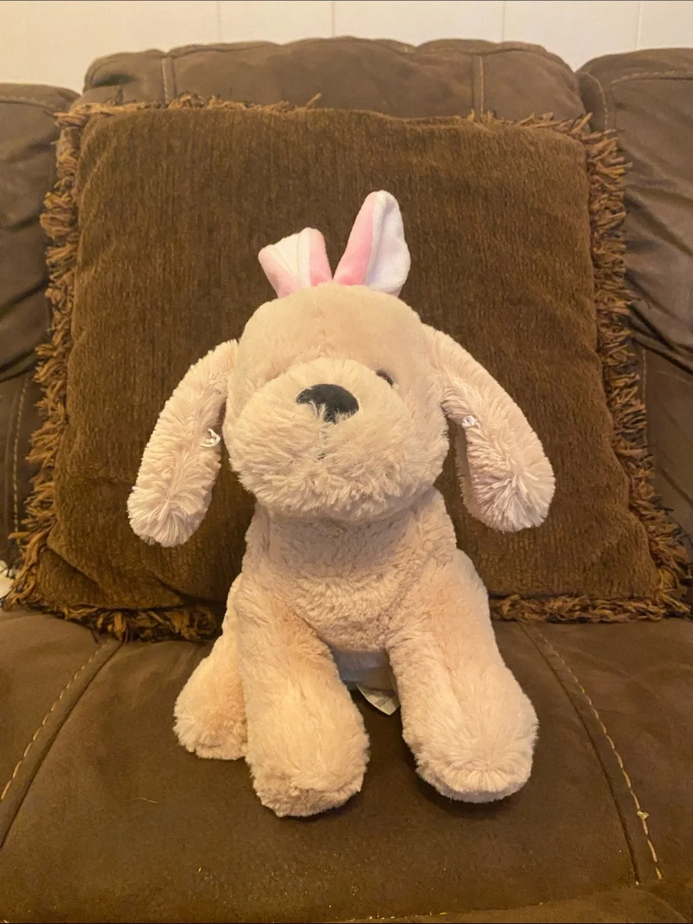 Plush Puppy with Pink Bunny Ears - Light Beige and Pink